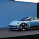 A photo of the Polestar 6 sports car finished in a pale blue color.